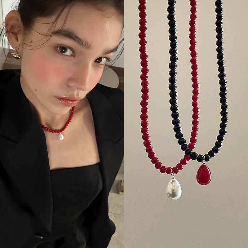 Korean Water Drop Pendant Beaded Necklace - Elegant Retro Choker for Women