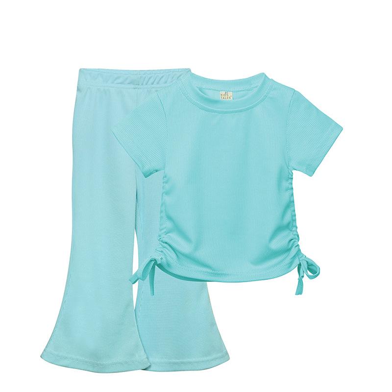 

Korean-Style Girls Summer Solid Color Top & Flare Pants Set 120 cm синий