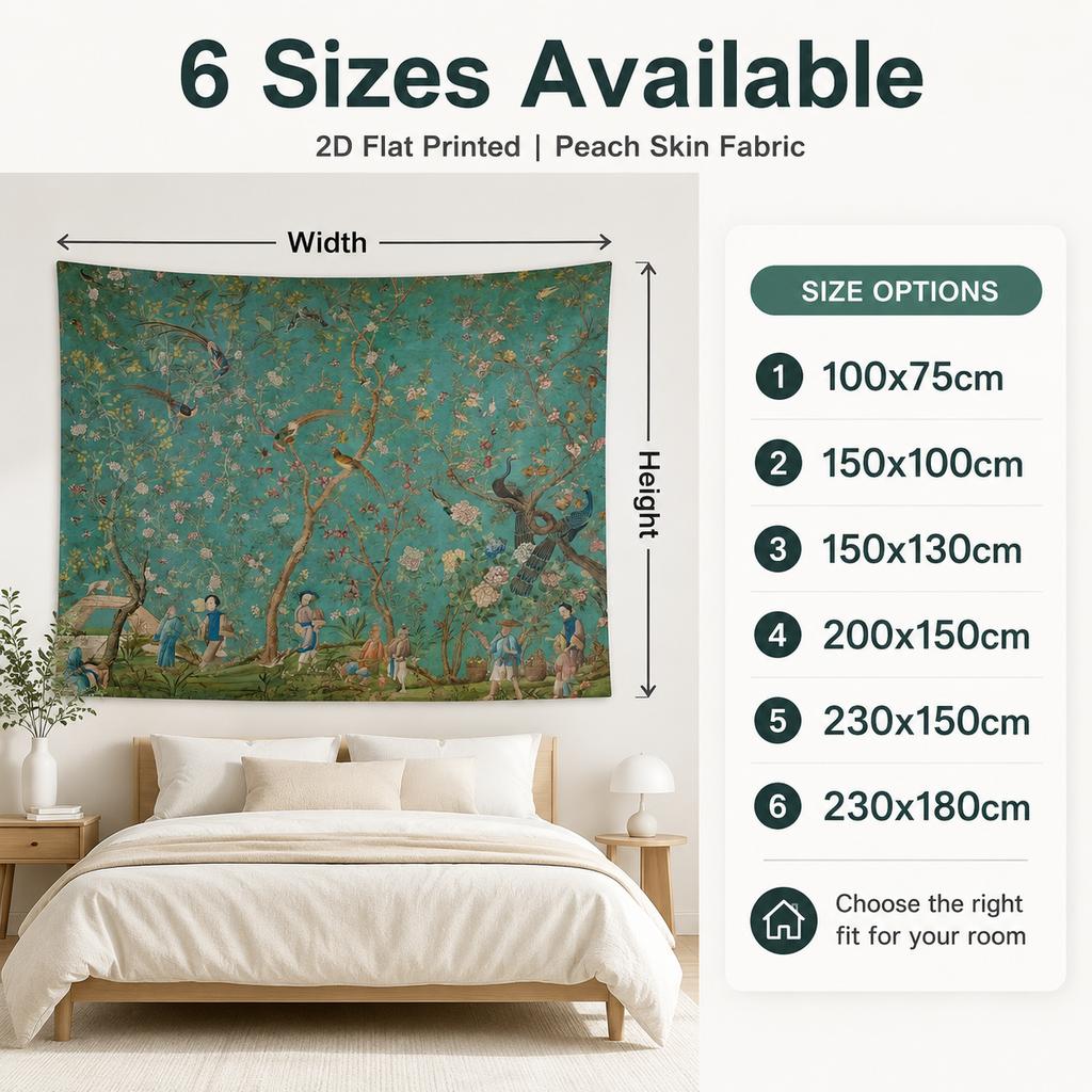 Arazzo da Giardino Chinoiserie Vintage Stampa Piatta 2D Pelle di Pesca da Appendere a Parete Sfondo Floreale con Uccelli per Decorazione del Soggiorno