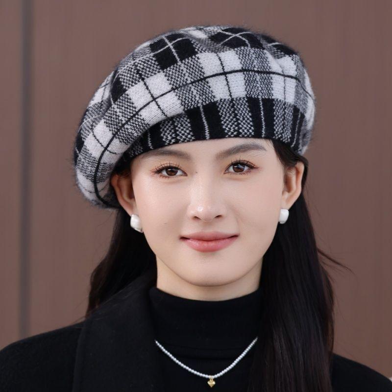 Autumn and Winter Plaid New Retro Bud Painter Hat Warm Rabbit Fur Fashion Casual Versatile Wool Hat Beret