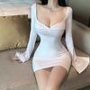 Spring and Autumn New Pure Desire Spice Girls Sexy Low Neck Open Chest Flared Sleeve Slim Long Sleeve Hip Wrap Dress Women