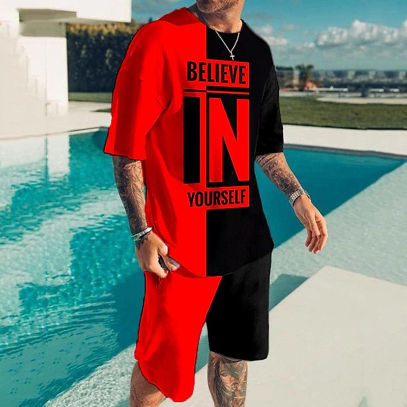 

Men s Graphic Color Block Letter 2pcs Tees sets Matching Sets Short Sleeve Short Pants Crew Neck Fashion Lightweight Basic Street Daily S