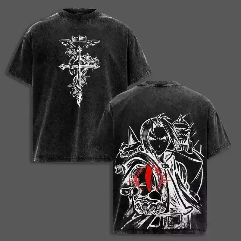 2026 Summer Vintage Washed Fullmetal Alchemist Anime T-Shirt Unisex Oversized Streetwear Short Sleeve Casual Tee High Quality Tops