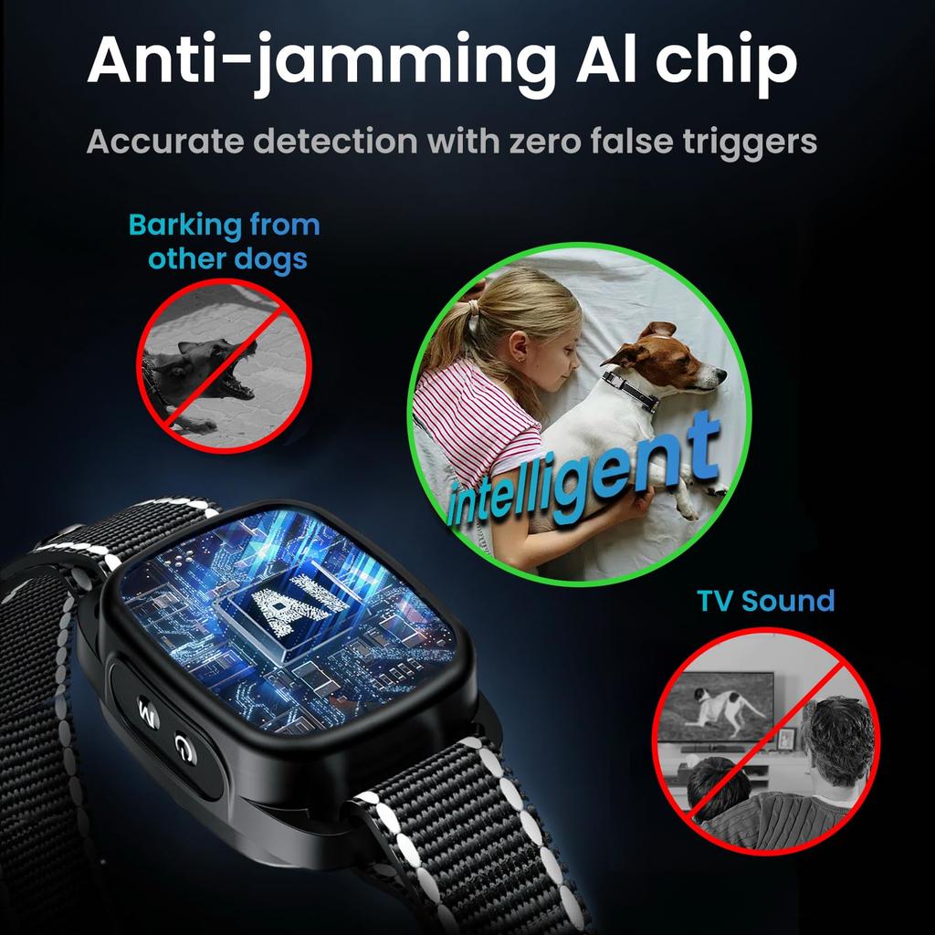 Dog Barking Collar Strong Vibration Modes Intelligent Barking Detection Rechargeable Waterproof IP67 for Small and Large Dogs