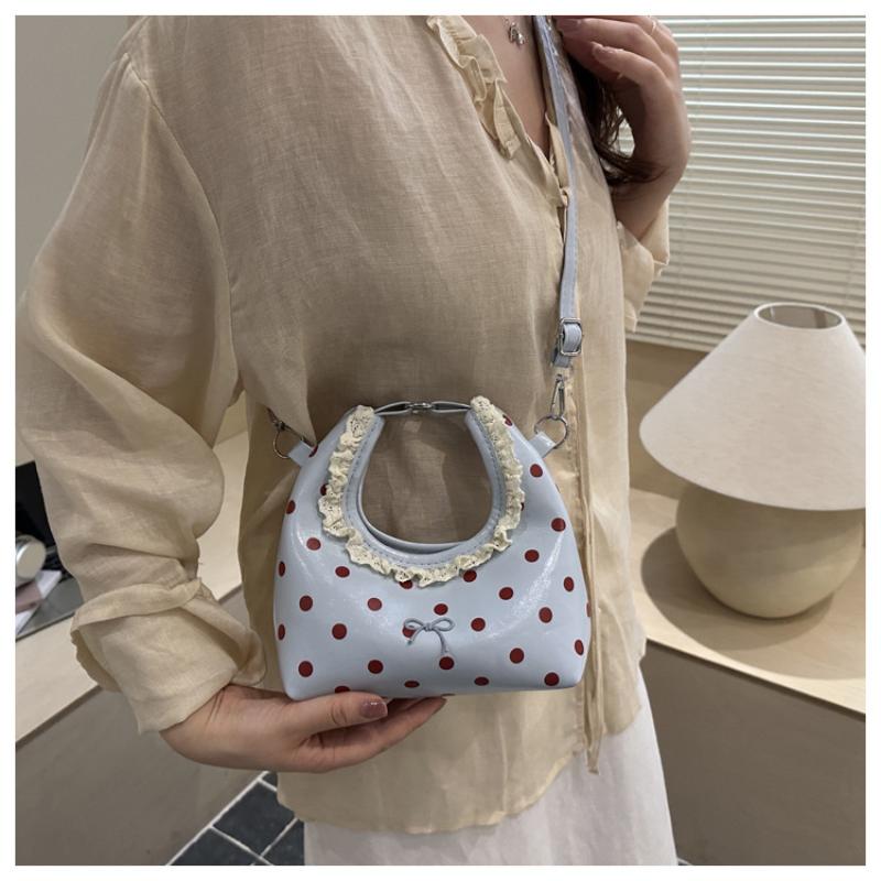 Polka Dot PU Leather Bag with Detachable Strap Lace Ruffled Handle Cute Bow Casual Purse for Daily Use
