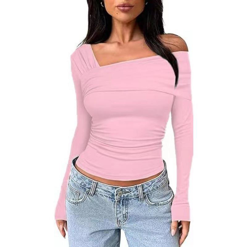Spring Summer Women's T-Shirts Single Shoulder Long Sleeve Top with Ruffles Outing Sexy Slimming Tops Y2K
