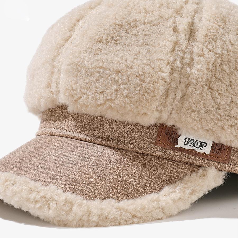 Thick Plush Stitching Octagonal Cap Women's Winter Warm Beret Ear Protection Cap