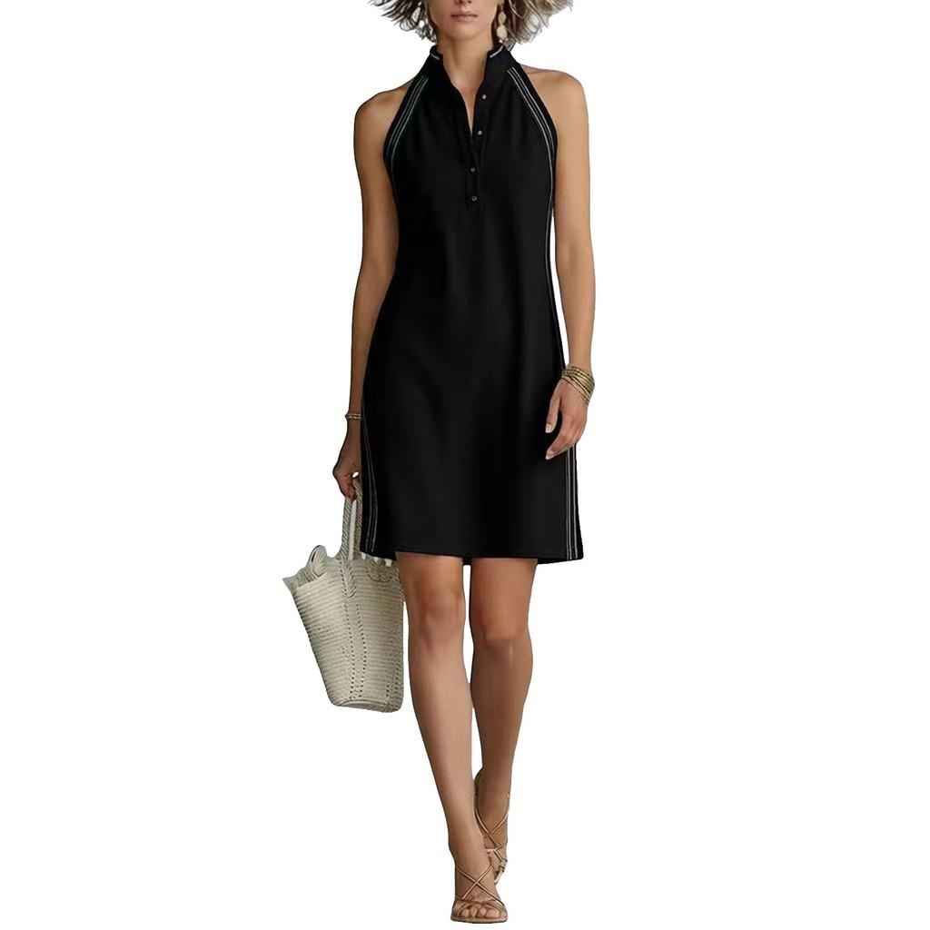 Women's Fashionable Loose Sleeveless Button-Up Stand Collar Casual Dress