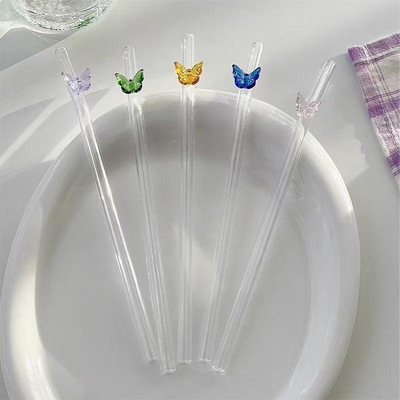 Butterfly glass straw, color transparent elbow, high temperature resistant and environmentally friendly coffee juice drinking straw