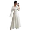 Women Elegant Solid Color Maxi Dress Round Neck Bell Sleeves Drawstring Ruched Waist Casual Formal Dress