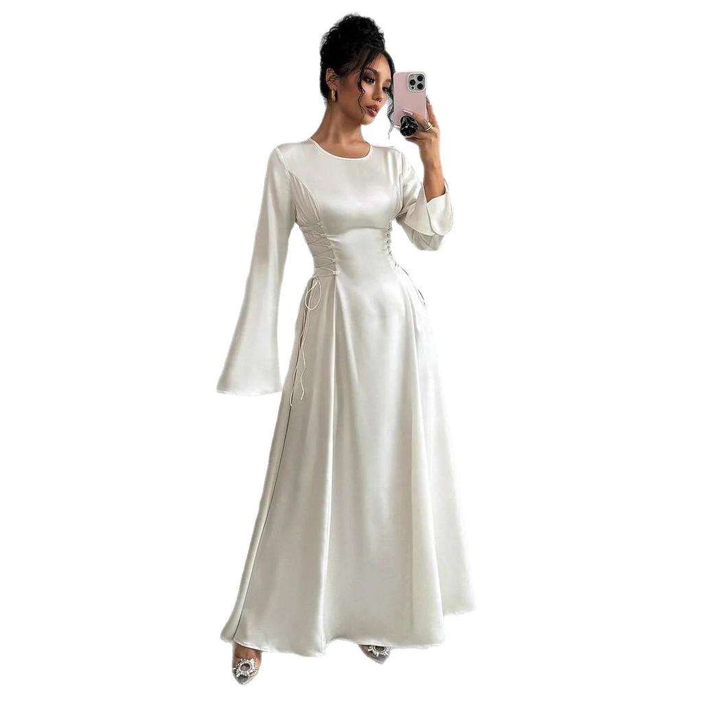 Women Elegant Solid Color Maxi Dress Round Neck Bell Sleeves Drawstring Ruched Waist Casual Formal Dress