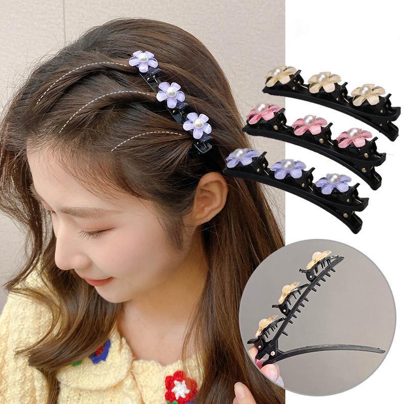 Flower Sparkling  Butterfly Braided Hair Clips Four-Leaf Clover Chopped Hairpin Duckbill Claw With 3 Small Hair Barrettes
