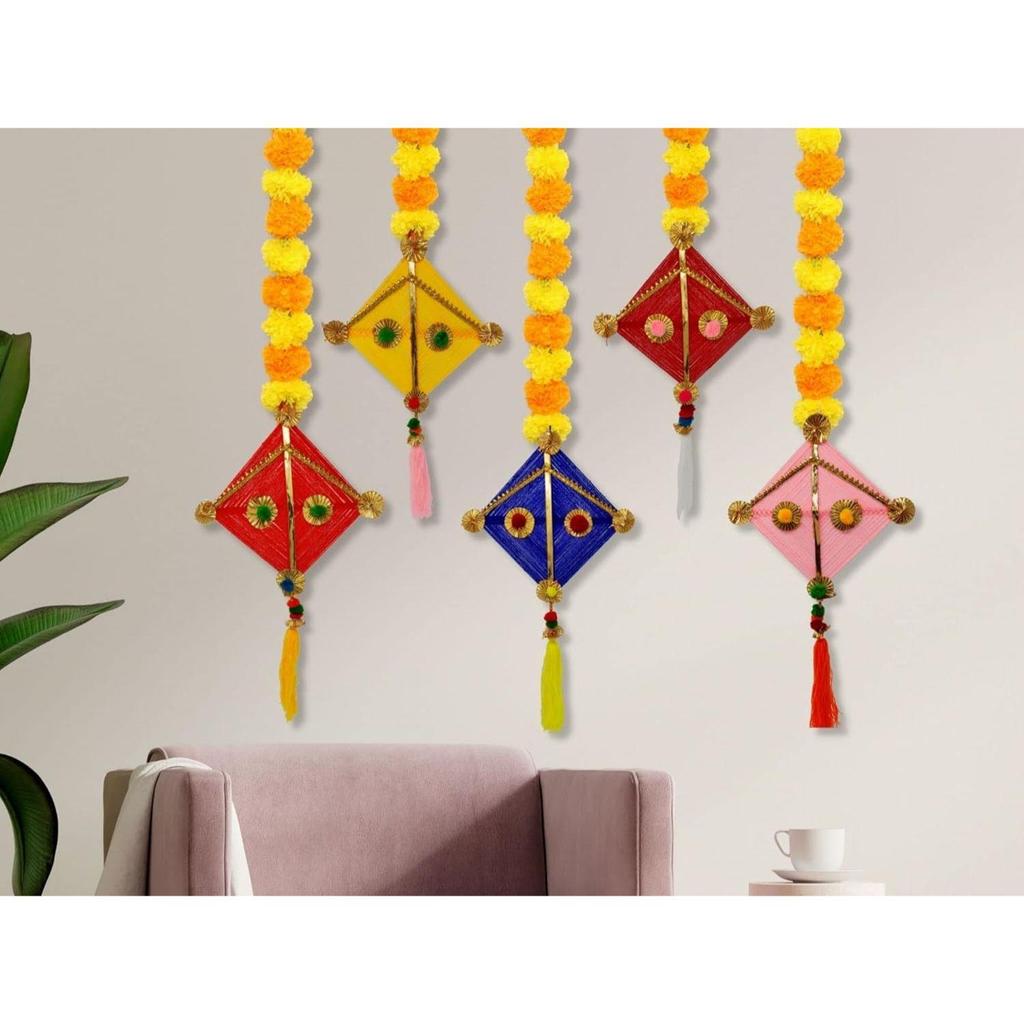 Handmade Artificial Marigold Fluffy Flowers Colorful Woolen Kite Hanging for Home, , Temple Pooja Room Decoration (Pack of 5)