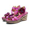 Johnature Vintage-Blumen-bequeme Sommer-Wedges-Sandalen aus echtem Leder, handgefertigt, ethnischer Stil, Damenschuhe