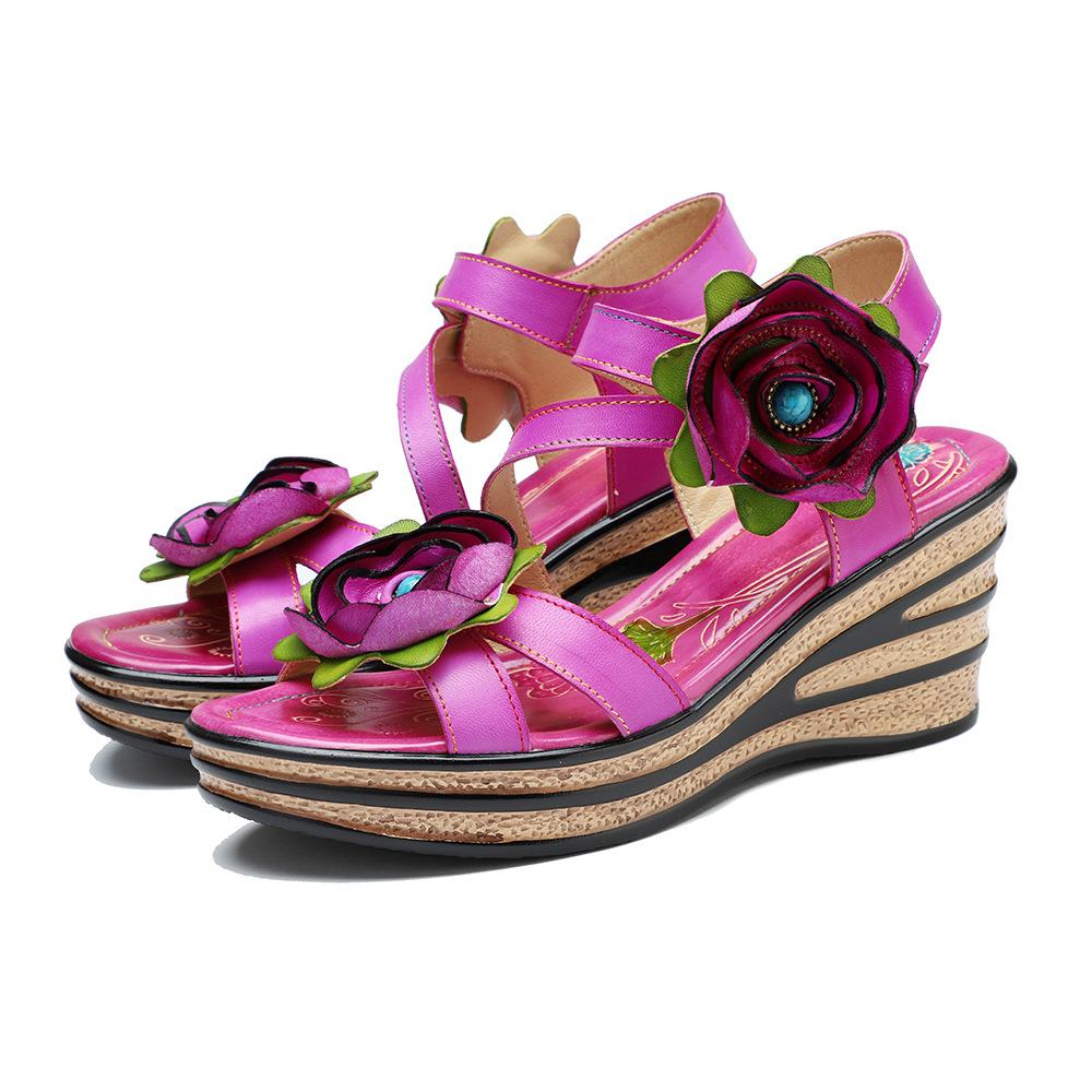 Johnature Vintage-Blumen-bequeme Sommer-Wedges-Sandalen aus echtem Leder, handgefertigt, ethnischer Stil, Damenschuhe