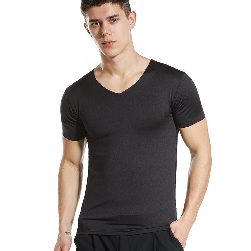 Bezešvé tričko s krátkým rukávem a výstřihem do V z ledového hedvábí, Slim Fit, Prodyšné, Jednobarevné