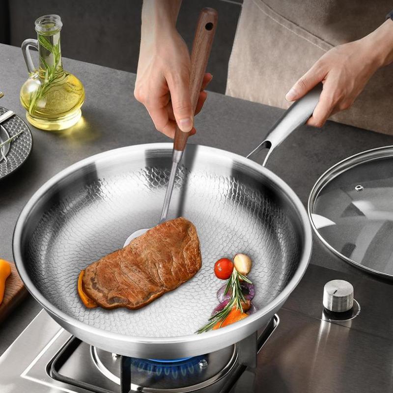 26/28/30Cm Titanium Uncoated Frying Pan, Fish‑Scale Hammer Pattern Healthy Cookware For Home Kitchen Cooking