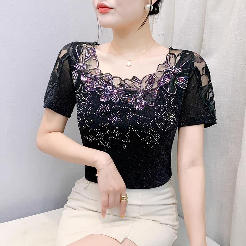 Summer Women T-Shirt Chic Sexy Lace Hollow Embroidery Flower Patchwork Mesh Tops Elegant O-Neck Diamonds Short Sleeve Tees