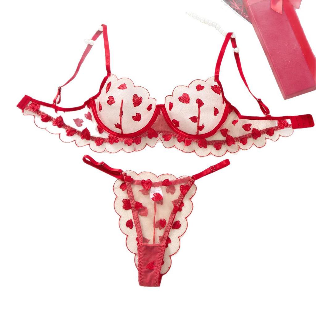 Red Heart Embroidered Mesh Lingerie Set - Sexy Push-up Bra with Anti-sag Support, Desire Style 203