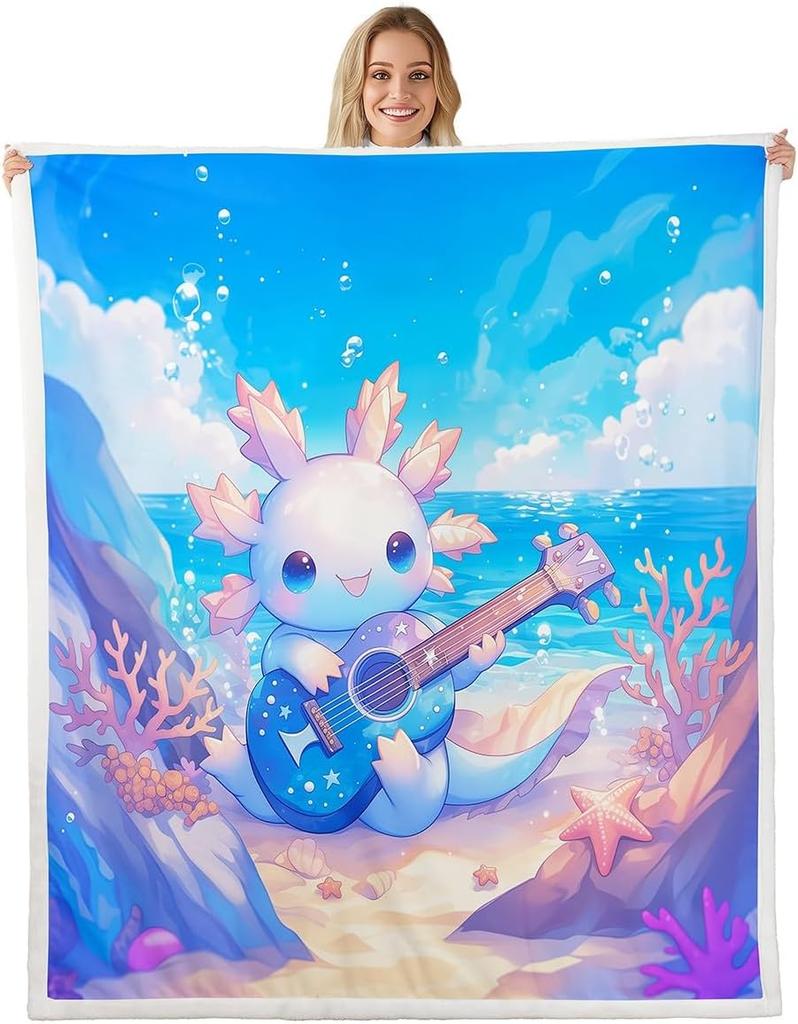 Cute Pink Axolotl Blanket Soft Fleece Throw Cherry Blossom Design Fantasy Art Kids Room Decor