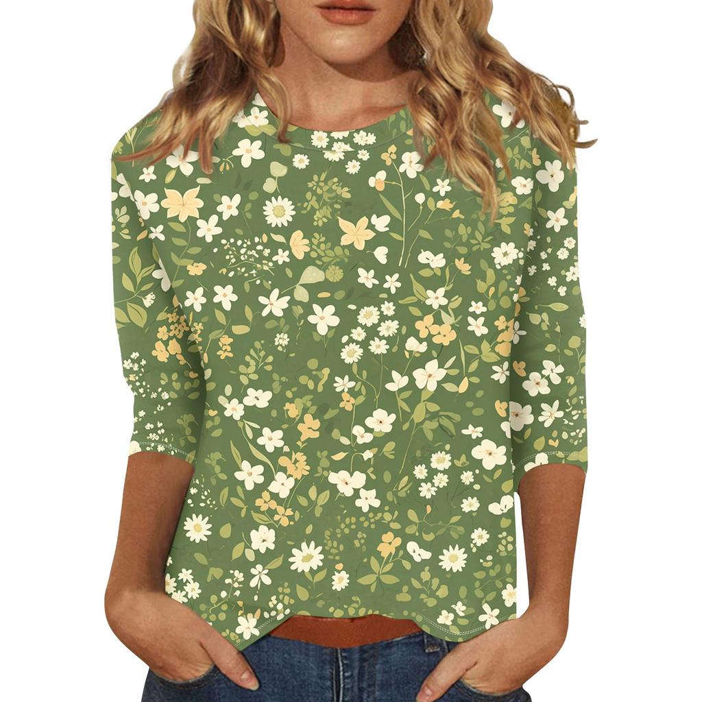 Women's Casual Loose Printed Round Neck Top With Three Quarter Sleeves T Shirt Top