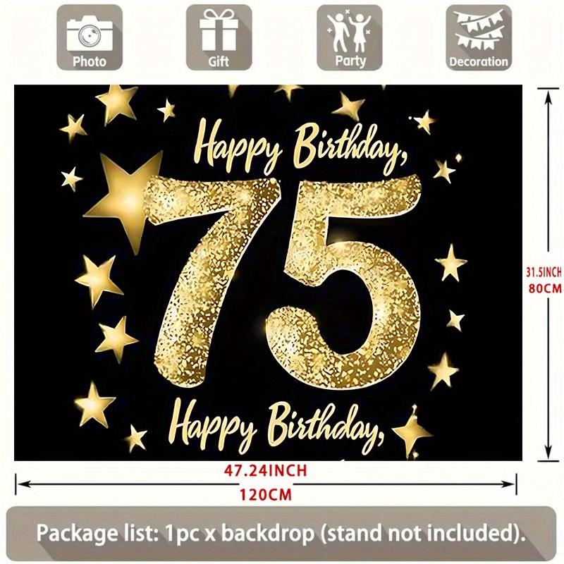 Happy 75th Birthday Golden & Gold Design, 1pc Polyester Party Backdrop Banner, Photo Booth Background, Wall Decor