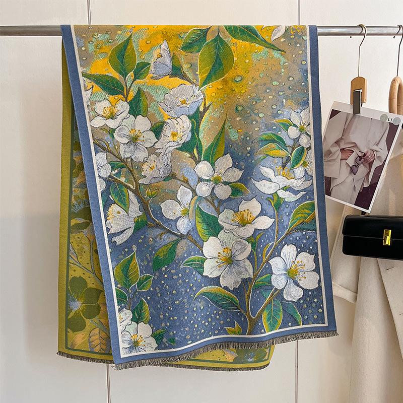 Autumn And Winter National Style Plants And Flowers Landscape Painting Elegant Women Warm Scarf Fashion Retro Shawl