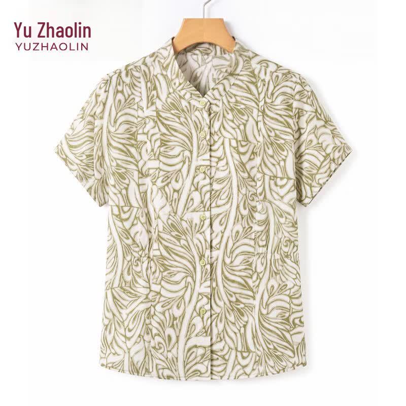 YUZHAOLIN Women s Floral Chiffon Short Sleeve Blouse 4XL зелёный