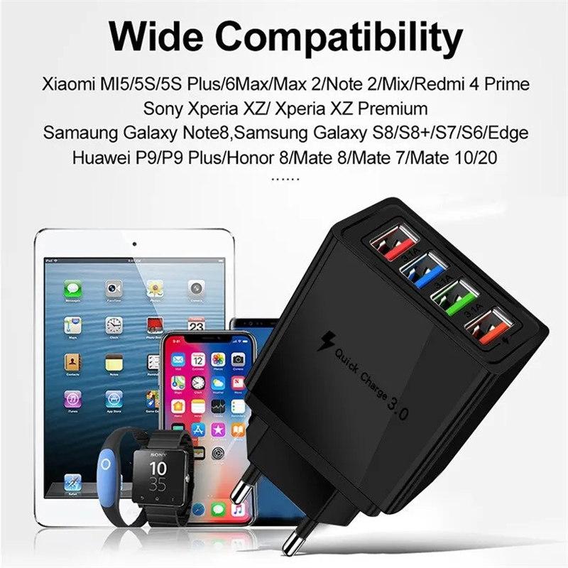 4 USB EU US Plug Charger Quick Charge 3.0 for Phone Adapter for iPhone 14 Pro Max Tablet Portable Wall Mobile Charger