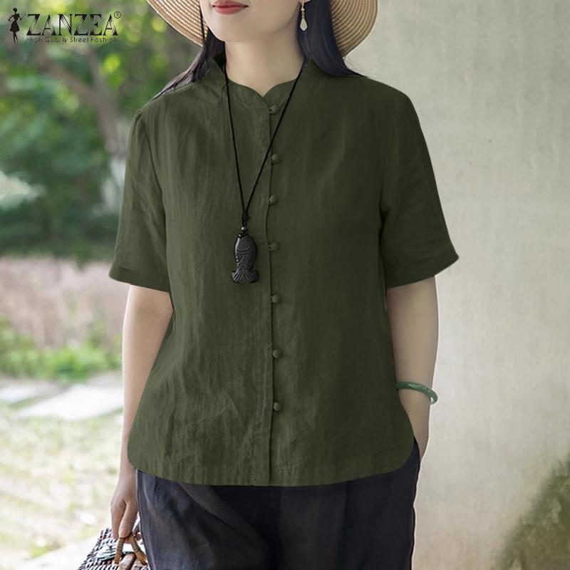 ZANZEA Women Casual Stand Collar Loose Half Sleeve Cotton Blouse