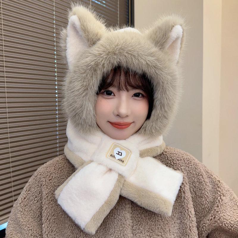 Women's Autumn & Winter Plush Red Hat and Scarf with Cute Fox Ears - Warm Neck Warmer for Cycling