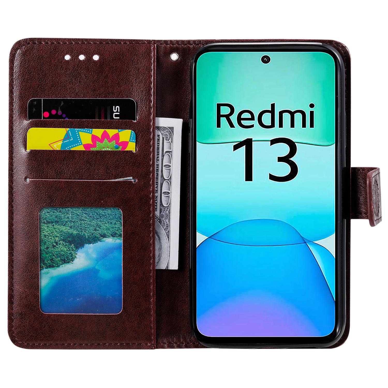 

For Xiaomi Redmi 13 5G/4G Phone Case Imprinted Totem PU Leather Wallet Cover with Stand Gold