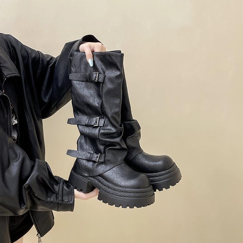Fashion retro versatile thick heel pleated but knee fashion boots women's 2025 autumn and winter new versatile slim boots