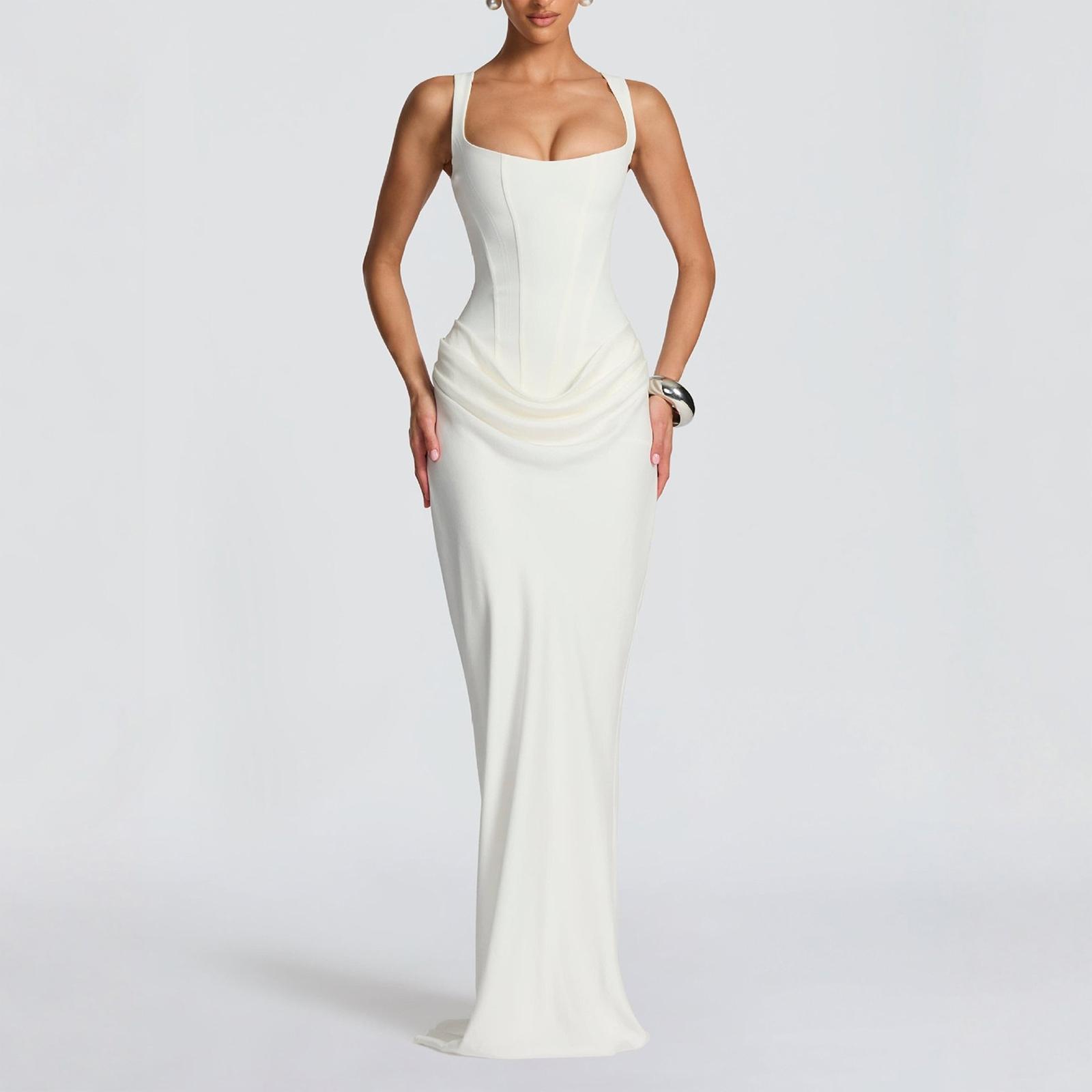 

Жіночий повсякденний обтислий сукня-комбінезон з кістками, що підкреслює стегна, довга спідниця L білий