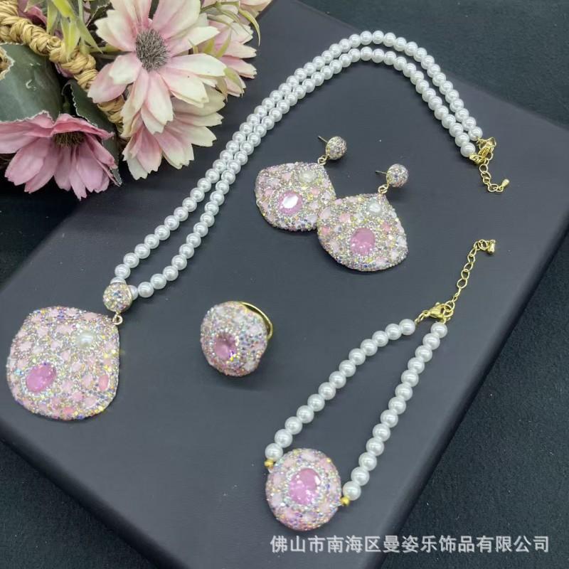 Elegant French Vintage Pearl Crushed Stone Jewelry Set Women Necklace Earrings Bracelet Ring In Sweet Pastel Tones