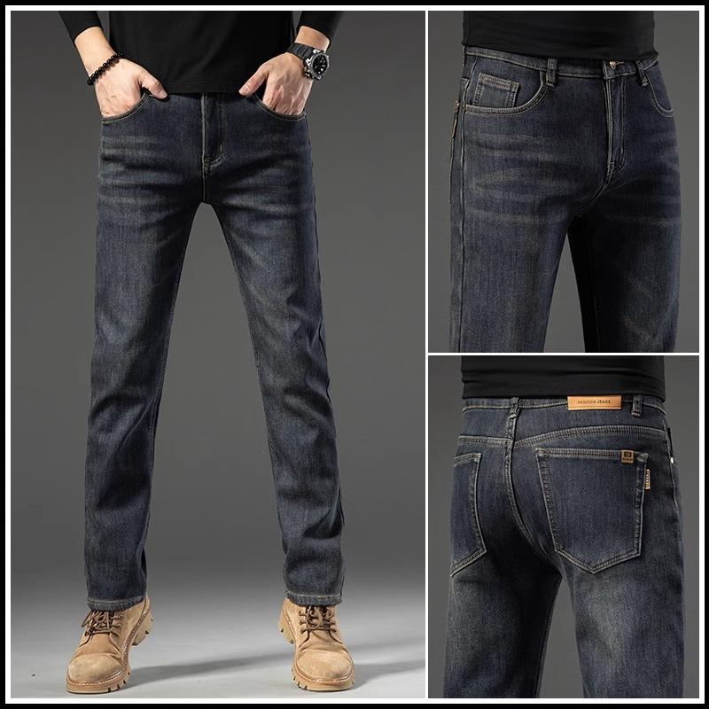 Spring And Autumn Winter New Men'S Plush/Regular Jeans Slimming Straight Stretch Business Versatile Long Pants