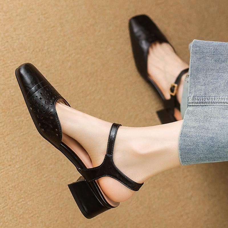 Eleganckie Damskie Sandały Letnie Buty 2025 Modne Niskie Obcasy Zamknięty Nosek Czarne Brązowe Obuwie Buty Damskie Wygodne