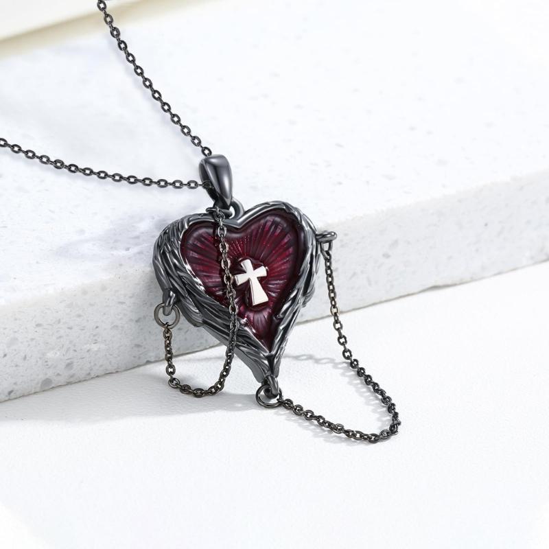 Heart Crosses Featuring Feather Wing Gothic Pendant Necklace Representing Love Freedom for Dark Culture Devotees