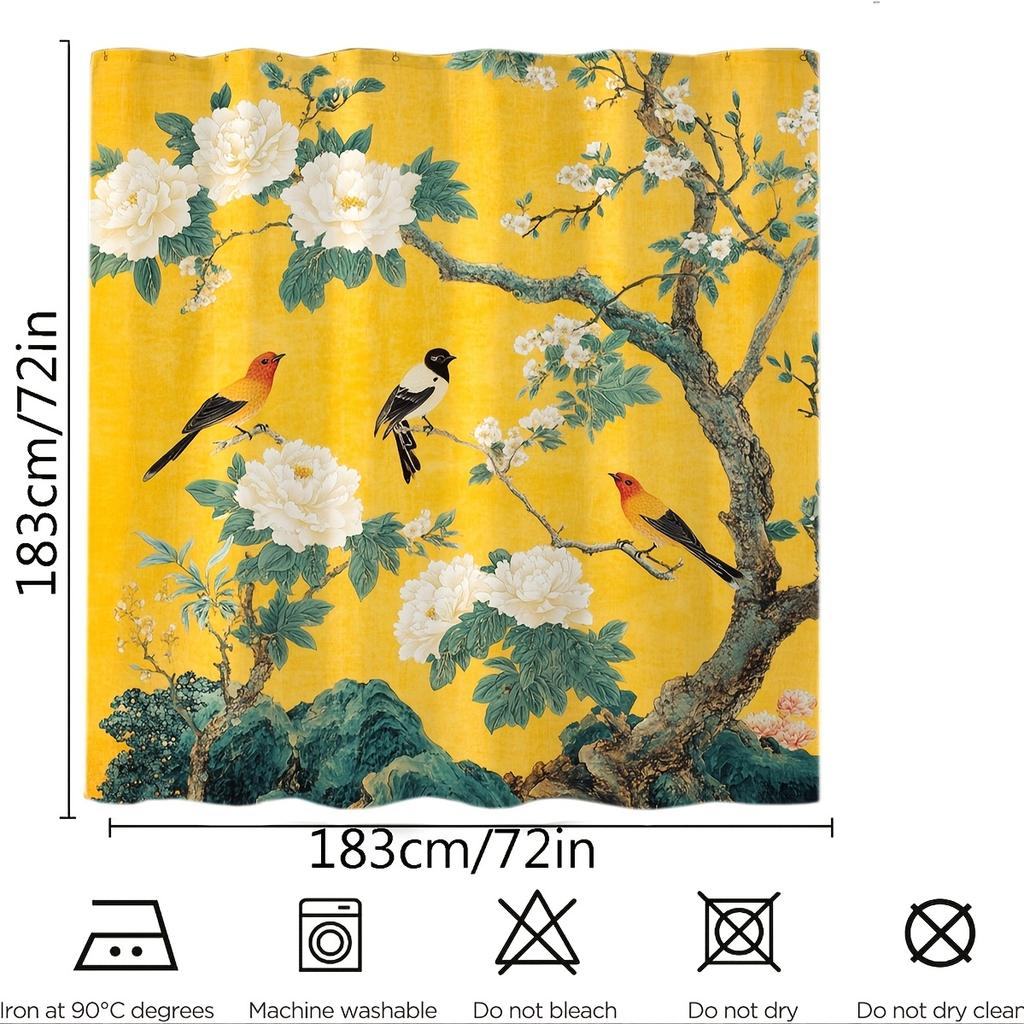 Chinese Style Floral And Bird Print Polyester Bathroom Curtains With Hooks, Stain Resistant, Artistic Theme, Machine Washable