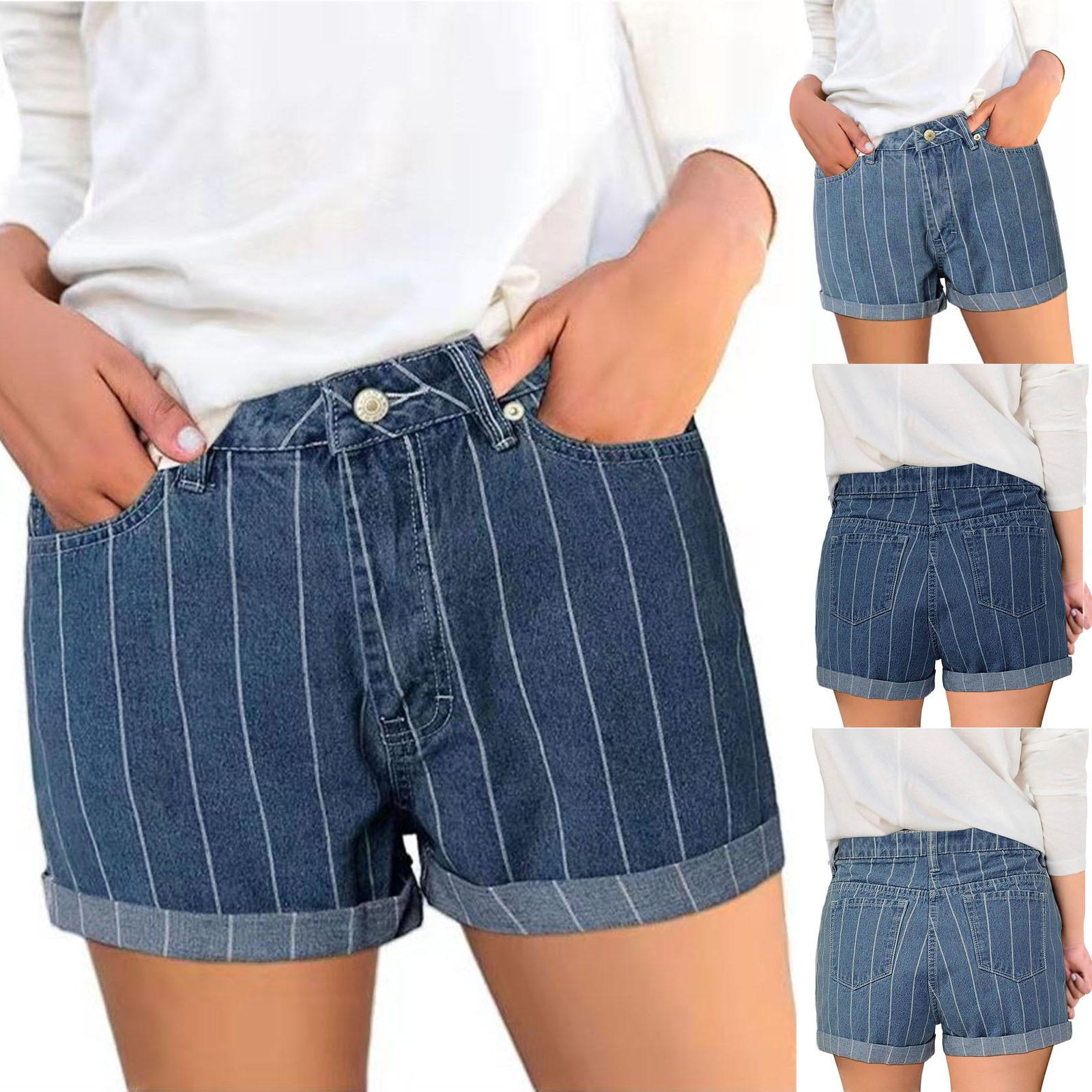 

Fashion Women Striped Cuffed Denim Shorts Casual Thin Casual Denim Shorts