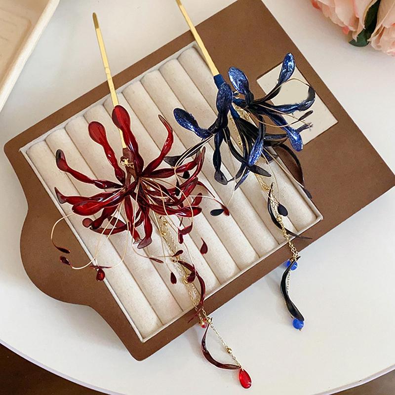 Chinese Style Spider Lily Flower Hair Sticks For Women Dripping Oil Tassel Hairpin Vintage Hanfu Chopsticks Hair Accessories