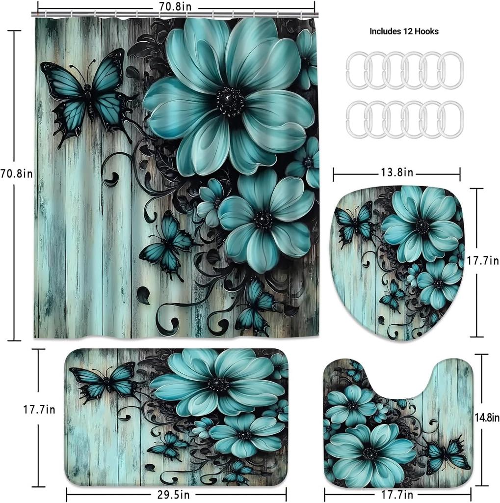 4Pcs Shower Curtain Set with Non-Slip Bath Mat, Toilet Lid Cover, Contour Rug & 12 Hooks, Bathroom