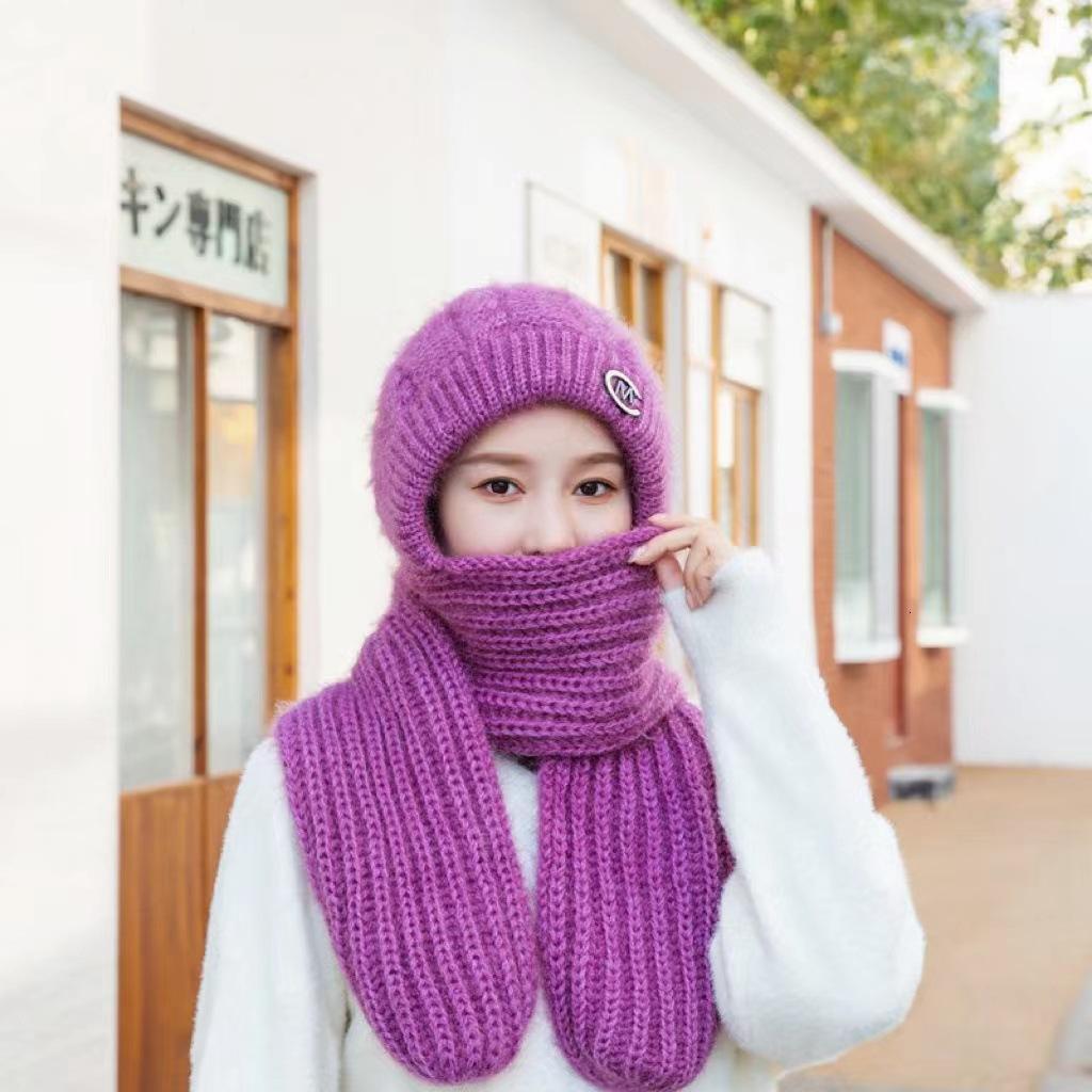 Winter Women's Wool Hat Skiing Hat Scarf Integrated Hand-woven Thickened Without Lining Thermal Ear Protection