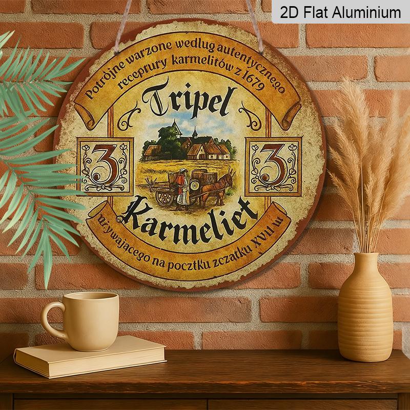 2D Flat, 1pc Vintage Polish Tripel Karmelit Beer Sign - Round Aluminum Metal Wall Art Plaque with Polish Text and Beer Brand, Rustic Farmhouse Decor