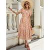 A Vacation-style Short-sleeved Floral Floral Dress with A Cinched-waist Tie and Cotton Silk Beach