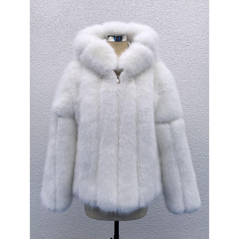

Меховая сила зимняя новая шуба женская имитация лисьего меха с капюшоном теплое пальто S белый