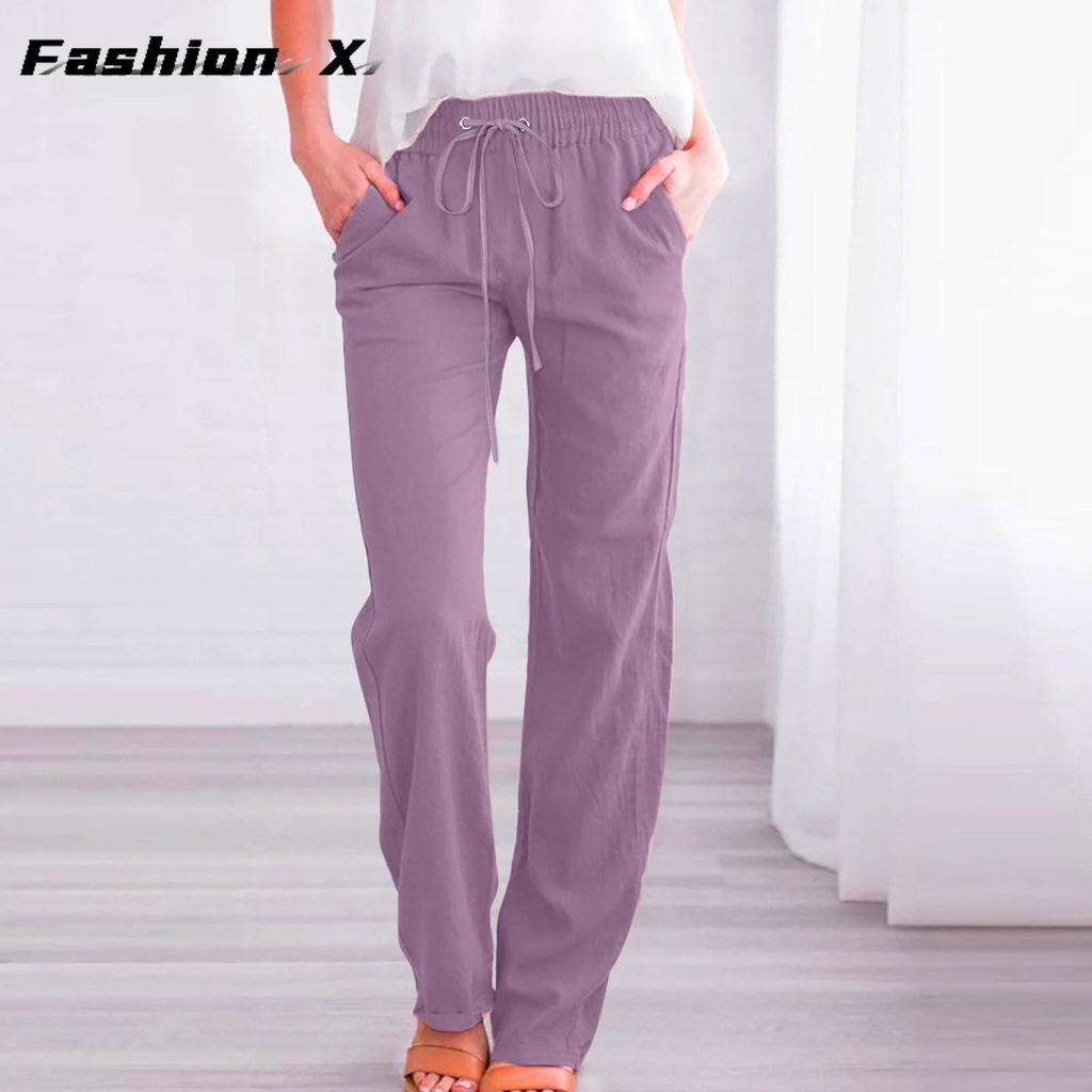 Pantaloni da donna larghi a gamba larga tinta unita cotone lino coulisse pantaloni casual
