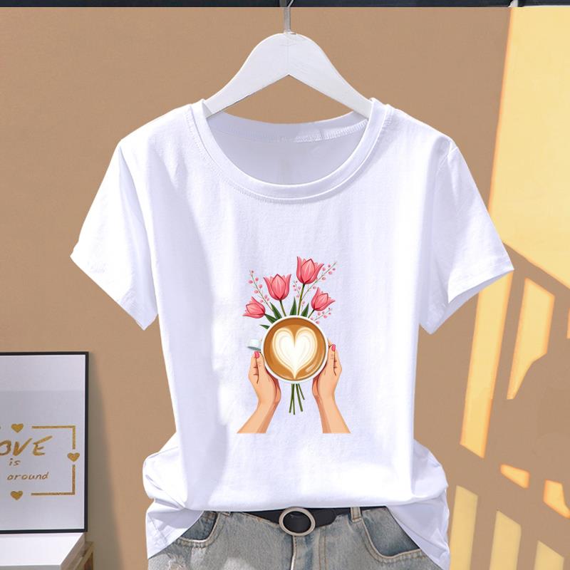 (Asian Size) Style Flower Cute O-neck Casual Clothing Short Sleeve T Shirt Printed T-shirts Fashion Female Women's Top Graphic Tee