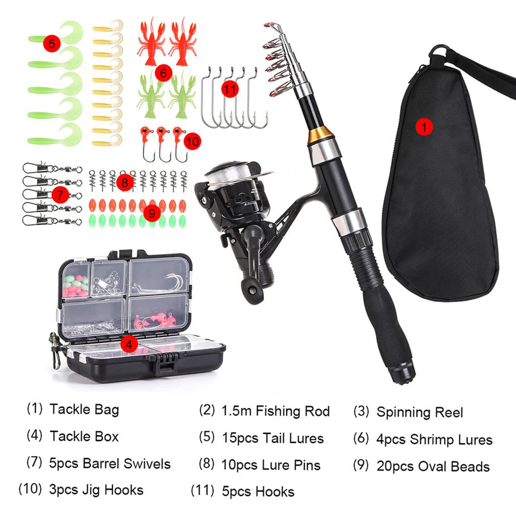 Fishing Rod Reel Combo Full Kit 1.5m Telescopic Fishing Rod Spinning Reel Set with Hooks Soft Lures Barrel Swivels