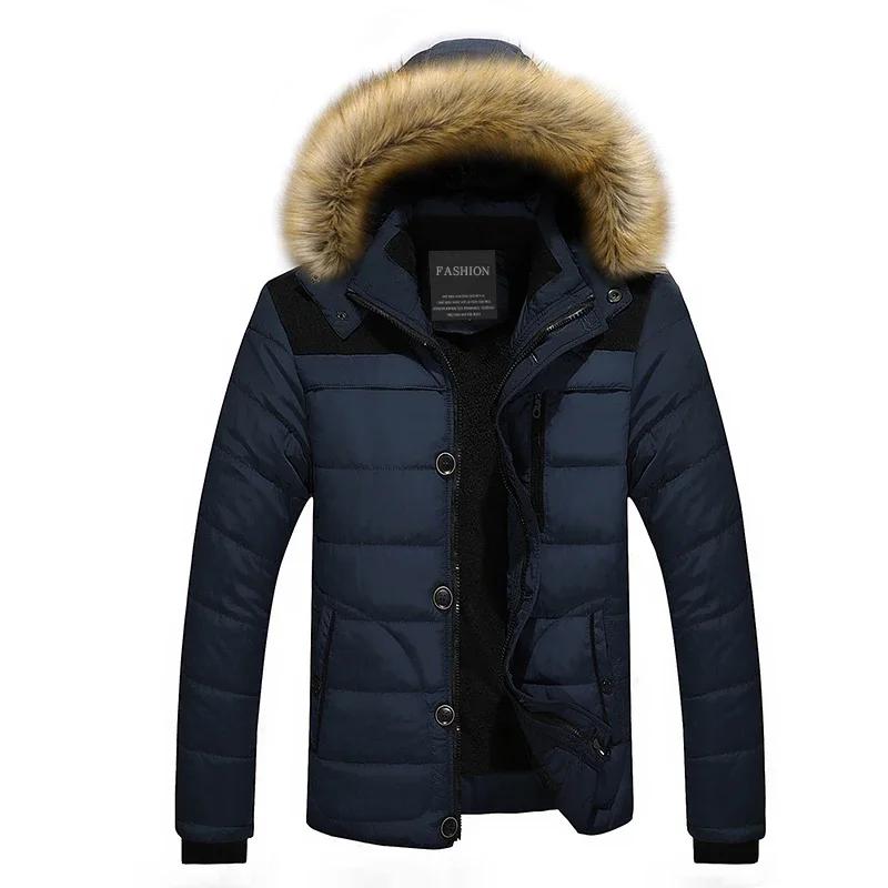 

Fur Collar Hooded Parka Down Jackets Outerwear Thick Male Warm Overcoat Wool Liner Coat Winter New Men Warm Cotton Jacket Coats M синий